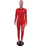 Spring Red Print Tight Hoody Two Piece Pant Set Tracksuit