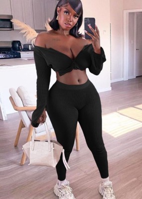 Spring Sexy Black Round Neck Zipper Long Sleeve Knitted Top and Skinny Pants Two Piece Set Wholesale 2 Piece Outfits