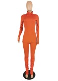 Winter Casual Solid Orange High Neck Long Sleeve Slim Top and Ruched Pants Set Wholesale 2 Piece Sets