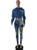 Winter Casual Blue Long Sleeve Cropped Hoodies and Printed Sweatpants Wholesale Two Piece Set