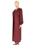 Spring Sexy Wine Red Strapless Slim Jumpsuit and Puff Sleeve Long Coat Set Cheap Wholesale Two Piece Sets