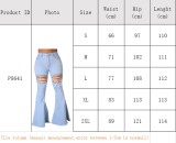 Spring Casual Blue High Waist Lace-up Flare Denim Jeans