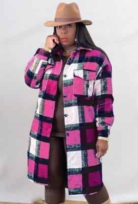 Winter Casual Rose Red Plaid Turndown Collar Long Sleeve Loose Blouse Coat