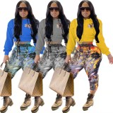 Winter Casual Yellow Long Sleeve Cropped Hoodies and Printed Sweatpants Wholesale Two Piece Set