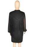 Spring Sexy Black Bodycon Dress and Fringe Tassels Long Sleve Chiffon Top Set Wholesale 2 Piece Sets
