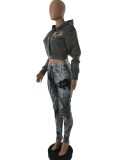 Winter Casual Gray Long Sleeve Cropped Hoodies and Printed Sweatpants Wholesale Two Piece Set
