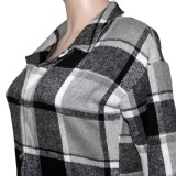 Winter Casual Gray Plaid Button Up Turndown Collar Full Sleeve Long Blouse Coat