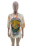 Summer Trendy Orange Printed Round Neck Short Sleeve Oversize Loose T-shirt