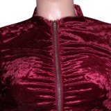 Winter Sexy Wine Red Ruched Zip Long Sleeve Top and High Waist Pants Set Wholesale Two Piece Clothing