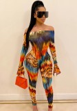 Spring Sexy Printed Off Shoulder Flare Long Sleeve Slim Jumpsuit