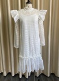 Spring Sexy White Straps Hollow Out Ruffled Long Sleeve Two Piece Casual Dress Set
