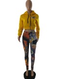 Winter Casual Yellow Long Sleeve Cropped Hoodies and Printed Sweatpants Wholesale Two Piece Set