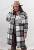 Winter Casual Gray Plaid Turndown Collar Long Sleeve Loose Blouse Coat