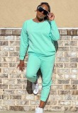 Winter Casual Sports Mint Green Round Neck Long Sleeve Loose Sweatshirt and Jogger Pants Two Piece Set Wholesale Sportswear