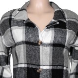 Winter Casual Gray Plaid Button Up Turndown Collar Full Sleeve Long Blouse Coat