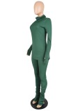 Winter Casual Solid Green High Neck Long Sleeve Slim Top and Ruched Pants Set Wholesale 2 Piece Sets