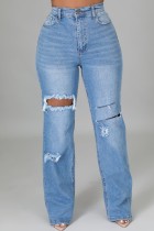 Spring Sexy Blue High Waist Ripped Hole Loose Jeans