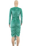 Winter Casual Green Velvet Ruched V Neck Long Sleeve Bodycon Dress