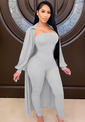 Spring Sexy Gray Strapless Slim Jumpsuit and Puff Sleeve Long Coat Set Cheap Wholesale Two Piece Sets