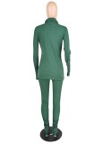 Winter Casual Solid Green High Neck Long Sleeve Slim Top and Ruched Pants Set Wholesale 2 Piece Sets