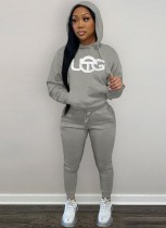 Winter Casual Sport Gray Embroidered Fleece Hoodies and Sweatpants Two Piece Set Wholesale Sportswear Usa
