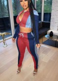 Spring Sexy Red Color Block Zipper Long Sleeve Cropped Top and Sweatpants Cheap 2holesale Two Piece Sets