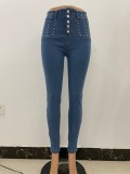Spring Sexy Blue Beaded High Waist Button Up Slim Stretch Jeans
