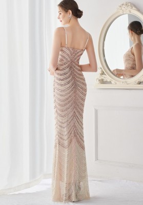 Elegant Golden Shining Sequins V Neck Strapless Slim Formal Cocktail Party Evening Gown