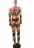 Spring Sexy Printed Off Shoulder Flare Long Sleeve Slim Jumpsuit