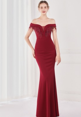 Elegant Red Fringe Tassels Off Shoulder Formal Mermaid Evening Dress