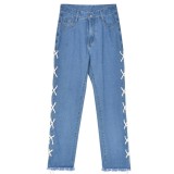 Spring Casual Blue High Waist Side Lace-up Denim Jeans
