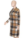 Winter Casual Khaki Plaid Button Up Turndown Collar Full Sleeve Long Blouse Coat