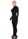 Winter Casual Solid Black High Neck Long Sleeve Slim Top and Ruched Pants Set Wholesale 2 Piece Sets