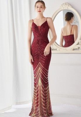 Elegant Red Shining Sequins V Neck Strapless Slim Formal Cocktail Party Gown