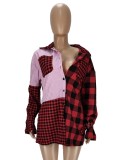 Spring Casual Red Plaid Patch Long Sleeve Button Up Blouse Dress