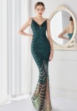 Elegant Green Shining Sequins V Neck Strapless Slim Formal Cocktail Party Evening Gown