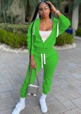 Winter Casual Sport Green Zip Hoody Sweatshirt and Sweatpants Two Piece Set Wholesale Jogger Suit