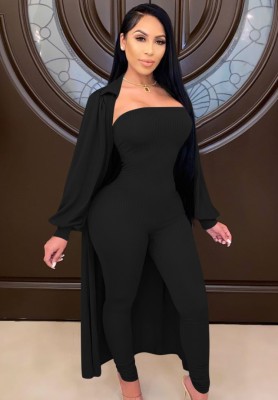 Spring Sexy Black Strapless Slim Jumpsuit and Puff Sleeve Long Coat Set Cheap Wholesale Two Piece Sets
