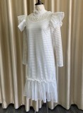 Spring Sexy White Straps Hollow Out Ruffled Long Sleeve Two Piece Casual Dress Set