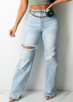 Spring Sexy Light Blue High Waist Ripped Hole Loose Jeans
