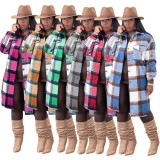 Winter Casual Blue Plaid Turndown Collar Long Sleeve Loose Blouse Coat