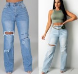 Spring Sexy Light Blue High Waist Ripped Hole Loose Jeans