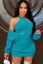 Spring Blue Halter Crop Top and Deep-V Sweatshirt Dress Two Piece Set