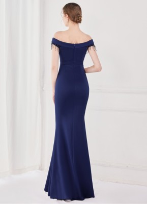 Elegant Blue Fringe Tassels Off Shoulder Formal Mermaid Evening Dress