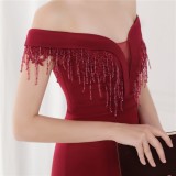 Elegant Red Fringe Tassels Off Shoulder Formal Mermaid Evening Dress