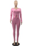 Spring Sexy Pink Round Neck Zipper Long Sleeve Knitted Top and Skinny Pants Two Piece Set Wholesale 2 Piece Outfits