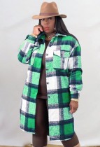 Winter Casual Green Plaid Turndown Collar Long Sleeve Loose Blouse Coat