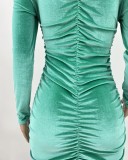 Winter Casual Green Velvet Ruched V Neck Long Sleeve Bodycon Dress