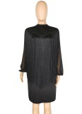 Spring Sexy Black Bodycon Dress and Fringe Tassels Long Sleve Chiffon Top Set Wholesale 2 Piece Sets