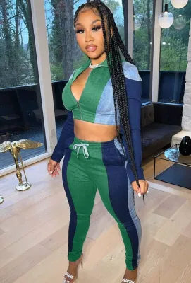 Spring Sexy Green Color Block Zipper Long Sleeve Cropped Top and Sweatpants Cheap 2holesale Two Piece Sets